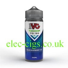 Image show the bottle of IVG 100ML E-Liquid Blue Raspberry Ice with blue and white label