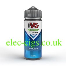 Blue and White label on the bottle holding the IVG 100ML E-Liquid Bubblegum