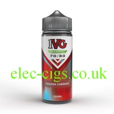 The IVG 100ML Frozen Cherries bottle stands out with deep red hues, icy accents, and sleek, modern design that radiates cool sophistication.