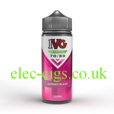 IVG 100ML E-Liquid Summer Blaze The IVG 100ML Summer Blaze bottle feels sleek and cool, with a smooth label coloured in warm yellows, oranges, and summery brightness.