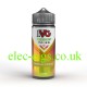 Unique description, for a blind person, in about 20 words of the bottle and label colour, containing the IVG 100ML E-Liquid Tropical Ice Blast