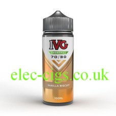 IVG 100ML E-Liquid Vanilla Biscuit The IVG 100ML Vanilla Biscuit bottle feels smooth and sturdy, with a warm, creamy label in soft beige and golden tones.