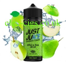 A Bottle with a green lable showing the Just Juice 100ML E-Liquid Apple & Pear on Ice