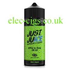 A Bottle with a green lable showing the Just Juice 100ML E-Liquid Apple & Pear on Ice