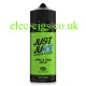 A Bottle with a green lable showing the Just Juice 100ML E-Liquid Apple & Pear on Ice
