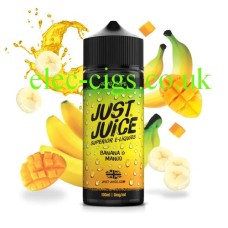 A styalised vision of the Just Juice 100ML E-Liquid Banana & Mango with lots of fruit pieces flying around