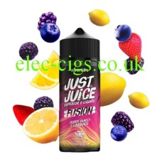 A styalised vision of the Just Juice 100ml Berry Burst & Lemonade  with lots of fruit pieces flying around