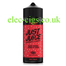 Image shows a bottle, in allits glory, of Just Juice 100ML E-Liquid Blood Orange Citrus & Guava
