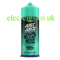 green bottle on white grounds of Just Juice 100ML E-Liquid Blue Mint