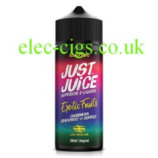 Image shows a bottle with a multi coloured label which contains the Just Juice 100ML E-Liquid Cherimoya Grapefruit & Berries