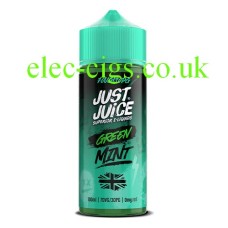 A green bottle with a green label and containing Just Juice 100ML E-Liquid Green Mint
