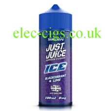 purple labelled bottle with the Just Juice 100ML E-Liquid ICE Blackcurrant and Lime in it