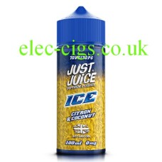 Blue bottle, yellow label, holding the very special, Just Juice 100ML E-Liquid ICE Citron & Coconut