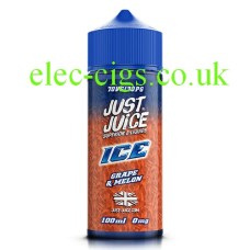 Blue bottle, blue and orange label, which contains the Just Juice 100ML E-Liquid ICE Grape & Melon
