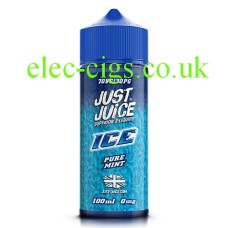 blue bottle, blue and black label withe the Just Juice 100ML E-Liquid ICE Pure Mint in it.