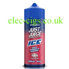 red and blue labelled bottle with the Just Juice 100ML E-Liquid ICE Wild Berries & Aniseed in it