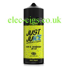 A Black bottle with a large yellow label containing the Just Juice 100ML E-Liquid Kiwi & Cranberry on Ice