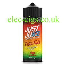 Bottle with a multi coloured label containing the Just Juice 100ML E-Liquid Lulo and Citrus on Ice