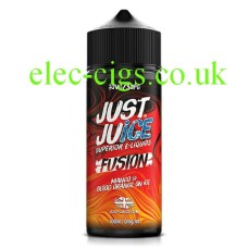 bottle with a very decorative, orange base label with the Just Juice 100ML E-Liquid Mango & Blood Orange on Ice in it