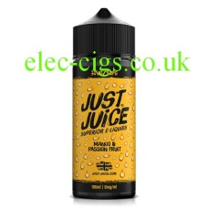 image shows a black bottle with orange label with the Just Juice 100ML E-Liquid Mango & Passionfruit in it