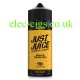 image shows a black bottle with orange label with the Just Juice 100ML E-Liquid Mango & Passionfruit in it