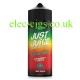 a bottle with an attractive multi-coloured label containing the Just Juice 100ML E-Liquid Strawberry & Curuba
