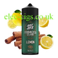bottle with green label surounded with cut lemons and tobocco, the bottle has the Just Juice 100ML E-Liquid Tobacco Club Lemon in it