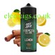 bottle with green label surounded with cut lemons and tobocco, the bottle has the Just Juice 100ML E-Liquid Tobacco Club Lemon in it
