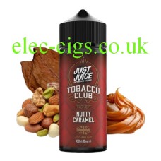 bottle with browl lable in front of soft caramel, nuts and tobacco leave and it contains the Just Juice 100ML E-Liquid Tobacco Nutty Caramel