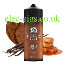This is a really lovely image of a bottle, with a brown label, of Just Juice 100ML E-Liquid Tobacco Club Vanilla Toffee with lots of toffee, tobacco leaves and vanilla pods in the background