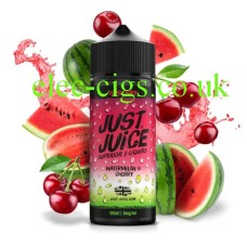 big bottle of Just Juice 100ML E-Liquid Watermelon Cherry with lots of bits of watermelon, some cherries and juice flying around it.