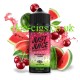 big bottle of Just Juice 100ML E-Liquid Watermelon Cherry with lots of bits of watermelon, some cherries and juice flying around it.