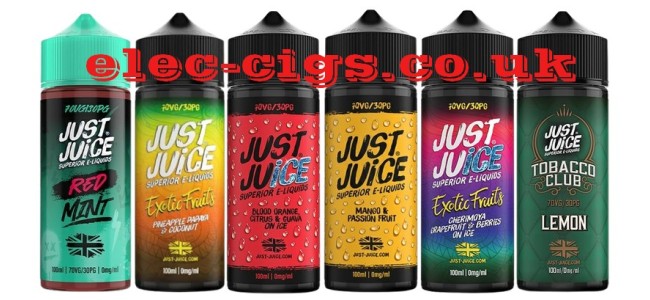 Image shows a very small selection of the hugh range of Just Juice 100ML E-Liquids 