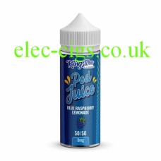 Kingston Pod Fill 100ML E-liquid 50-50 (VG/PG) Blue Raspberry Lemonade Blue labelled bottle containing the Kingston Pod Fill 100ML E-liquid 50-50 (VG/PG) Blue Raspberry Lemonade