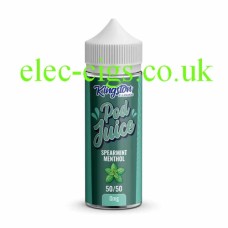 Kingston Pod Fill 100ML E-liquid 50-50 (VG/PG) Spearmint Menthol Dark Green labelled bottle containing the Kingston Pod Fill 100ML E-liquid 50-50 (VG/PG) Spearmint Menthol