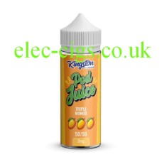 Kingston Pod Fill 100ML E-liquid 50-50 (VG/PG) Triple Mango yellow labelled bottle containing the Kingston Pod Fill 100ML E-liquid 50-50 (VG/PG) Triple Mango
