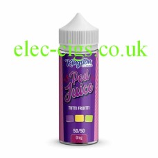 Kingston Pod Fill 100ML E-liquid 50-50 (VG/PG) Tutti Fruitti Bright Purple labelled bottle containing the Kingston Pod Fill 100ML E-liquid 50-50 (VG/PG) Tutti Fruitti
