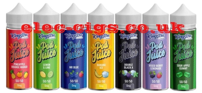 Image shows several of the flavours available in the Kingston Pod Fill 100ML E-Liquids range