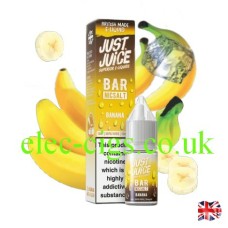 Image shows a box and bottle of Bar Nic-Salt Banana from Just Juice with bananas and Ice Cubes in the backgound