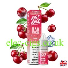 Box with bottle containing the Bar Nic-Salt Cherry from Just Juice and, once again, with the cherries flying around both bottle and box