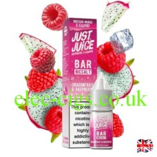 It's a storm of Dragon Fruit and Raspberry with the bottle and box of Bar Nic-Salt Dragon Fruit and Raspberry from Just Juice in the middle of it