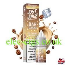 It's a storm of coffee and ice with the bottle and box of Bar Nic-Salt Dragon Iced Caramel Macchiato from Just Juice in the middle of it