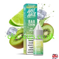 Image shows a box and bottle of Bar Nic-Salt Kiwi Cooler from Just Juice