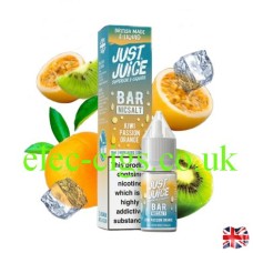 Image shows a box and bottle of Bar Nic-Salt Kiwi Passion Orange from Just Juice