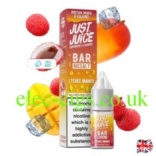 Image shows a box and bottle of Bar Nic-Salt Lychee Mango from Just Juice