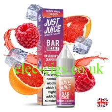 Image shows a box and bottle of Bar Nic-Salt Raspberry & Grapefruit from Just Juice