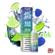 Image shows a box and bottle of Bar Nic-Salt Sour Blue Razz Lime from Just Juice