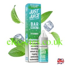 Image shows a box and bottle of Bar Nic-Salt Spearmint from Just Juice