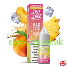 Image shows a box and bottle of Bar Nic-Salt Tropical Peach from Just Juice