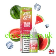 Image shows a box and bottle of Bar Nic-Salt Watermelon from Just Juice